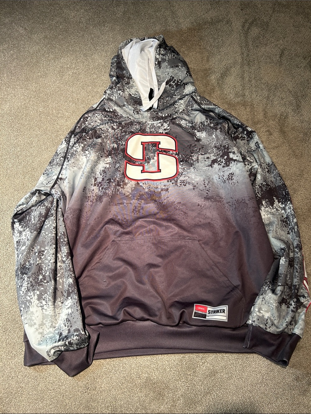 Men's Gray Camo Pullover Hoodie with Red Logo